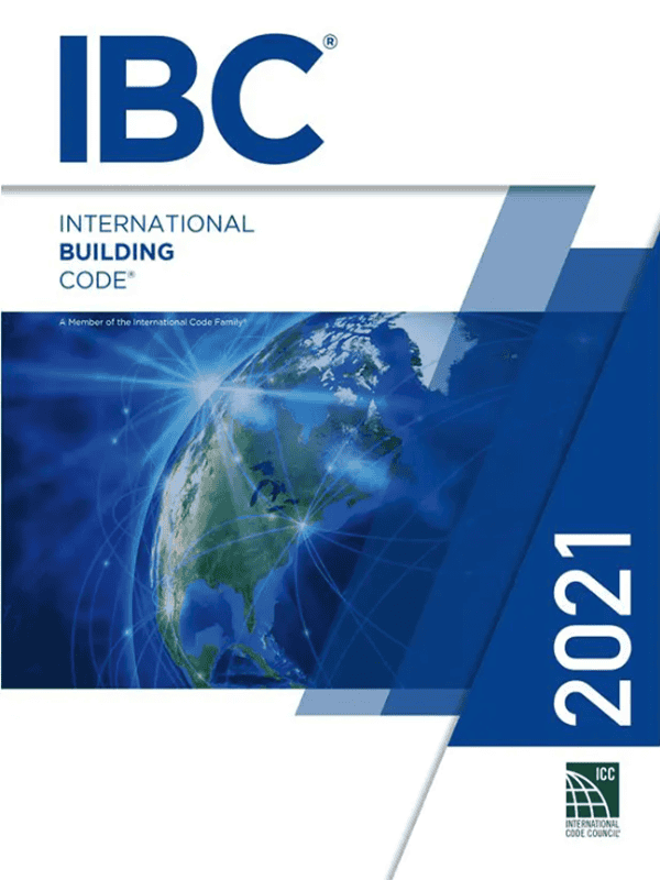 Cover of the 2021 International Building Code (IBC), a member of the International Code Family, published by the International Code Council (ICC).