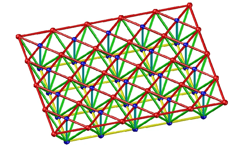 A 3D illustration of a space steel grid structure with colorful members and nodes.