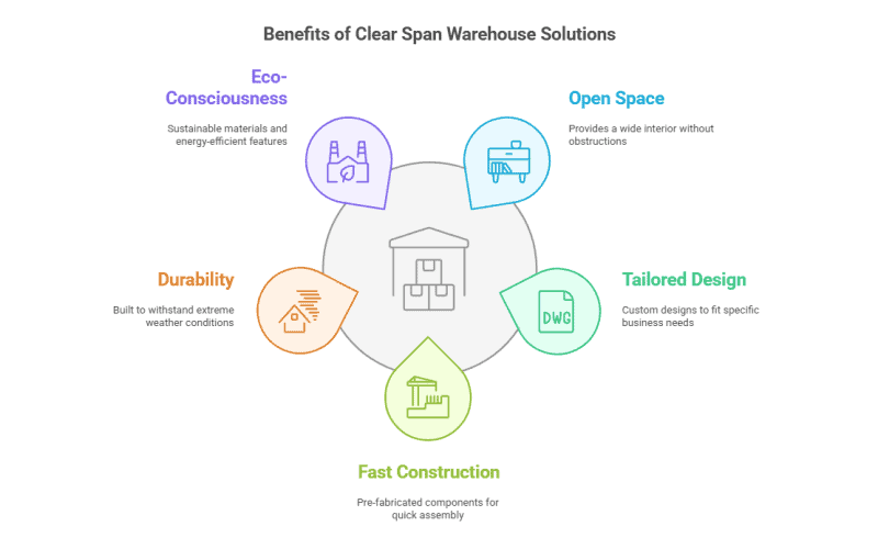 Un diagrama enumera los beneficios de la solución de almacén de espacio libre: ecológico con materiales sustentables, interior abierto, durabilidad a la intemperie, diseños personalizados y ensamblaje rápido con componentes prefabricados.