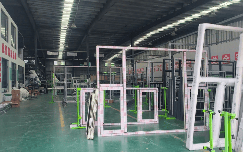 Inside a steel structure workshop showcasing assembly lines for window and door frames.