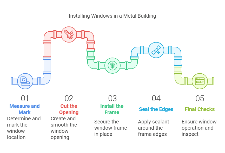 Illustration of the process for installing windows in a metal building, highlighting steps like measurement, frame installation, and final checks for operation.