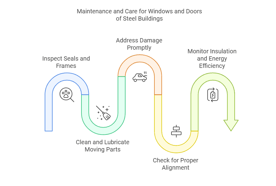 Diagram showing key maintenance steps for windows and doors in steel buildings, including seal inspection, alignment checks, and energy efficiency monitoring.