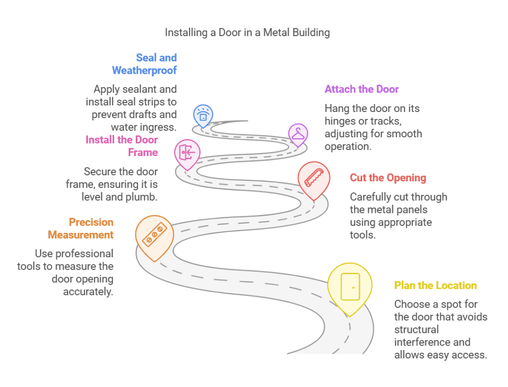 Flowchart for installing a door in a metal building, detailing steps such as precision measurement, frame installation, sealing, and weatherproofing.