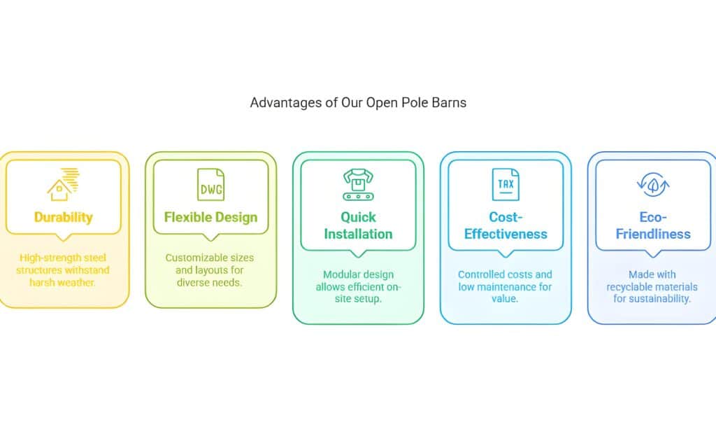 อินโฟกราฟิกที่แสดงข้อดีของโรงนาเสาเปิด ได้แก่ ความทนทานเนื่องจากเป็นเหล็กที่มีความแข็งแรงสูง การออกแบบที่ยืดหยุ่น การติดตั้งที่รวดเร็ว ความคุ้มทุน และการเป็นมิตรต่อสิ่งแวดล้อม