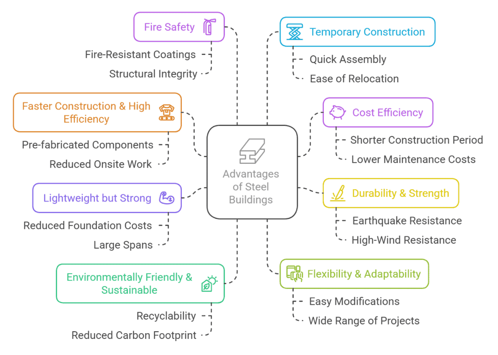 Infographic shows steel buildings' benefits: fire safety, temp & fast construction, cost-efficiency, strength, durability, eco-friendliness, flexibility. Details include fire-resistant coatings, quick assembly, prefabs, low foundation costs, earthquake resistance, recyclability, & easy mods.