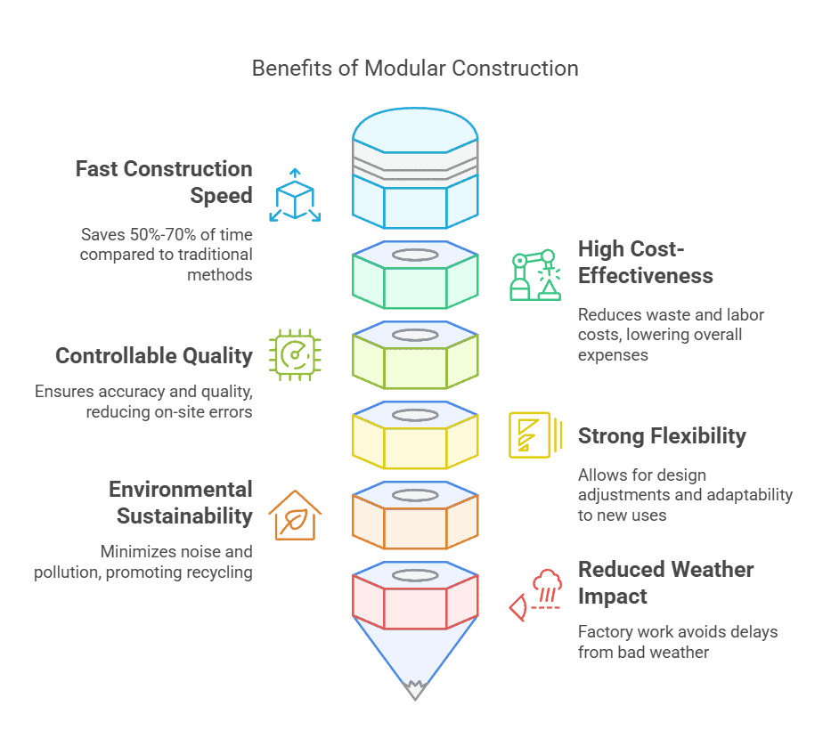 Infographic highlighting the benefits of modular construction: speed, quality, cost-effectiveness, flexibility, sustainability, and weather resilience.