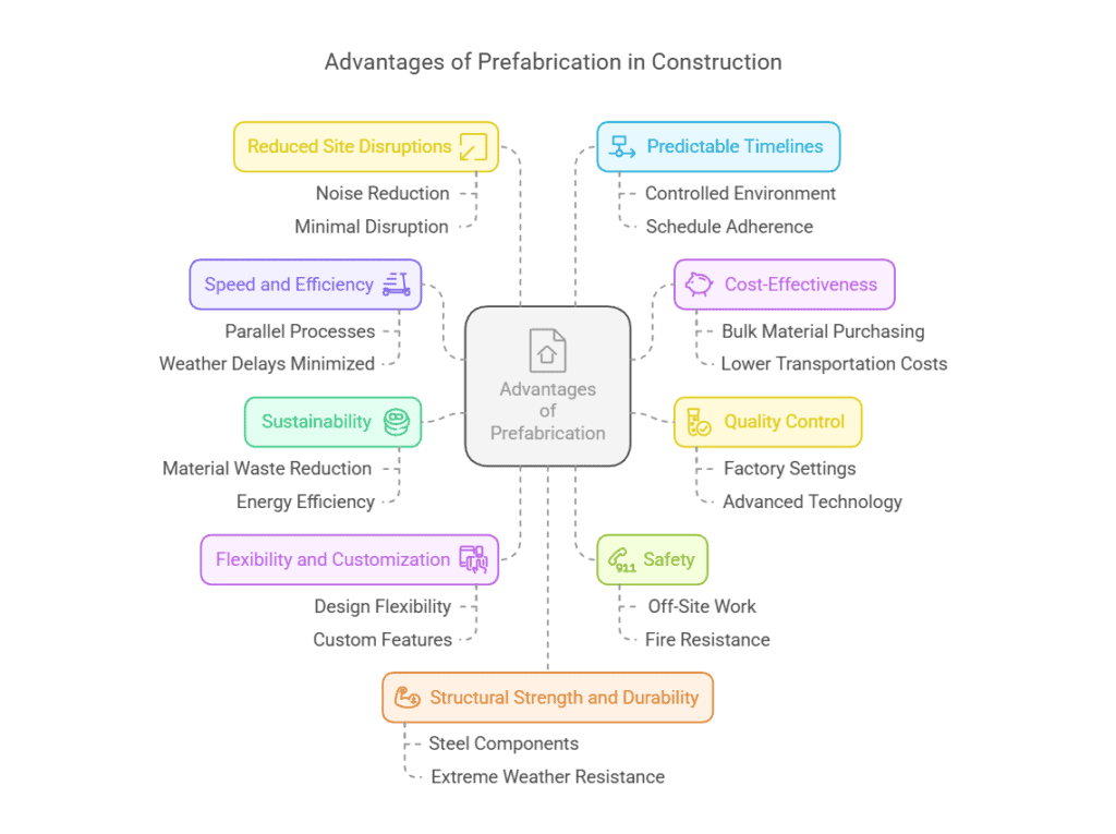 Infographic outlining advantages of prefabrication in construction: speed, cost - effectiveness, quality control, etc.