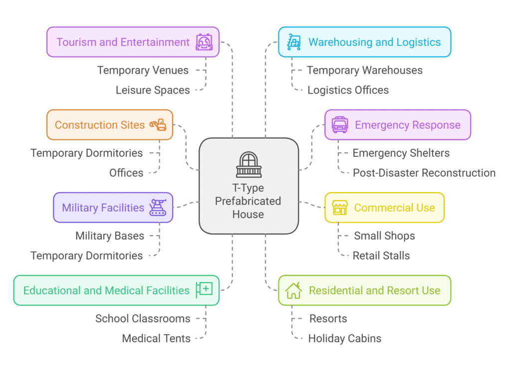 Infographic showcasing diverse applications of T-Type Prefabricated Houses, including uses in tourism, logistics, construction, military, education, emergency, and residential sectors.