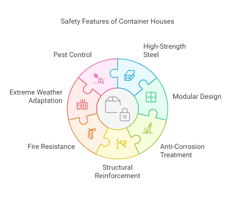 A circular chart named "Safety Features of Container Houses" shows high - strength steel, modular design, anti - corrosion, reinforcement, fire resistance, weather adaptability, and pest control.