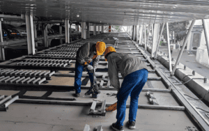 Steel framework of a prefab steel garage under construction