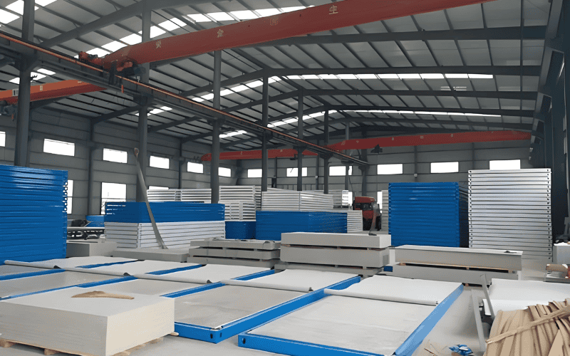 An industrial warehouse interior with prefabricated modular building materials, including blue and white panels stacked neatly under a large overhead crane.