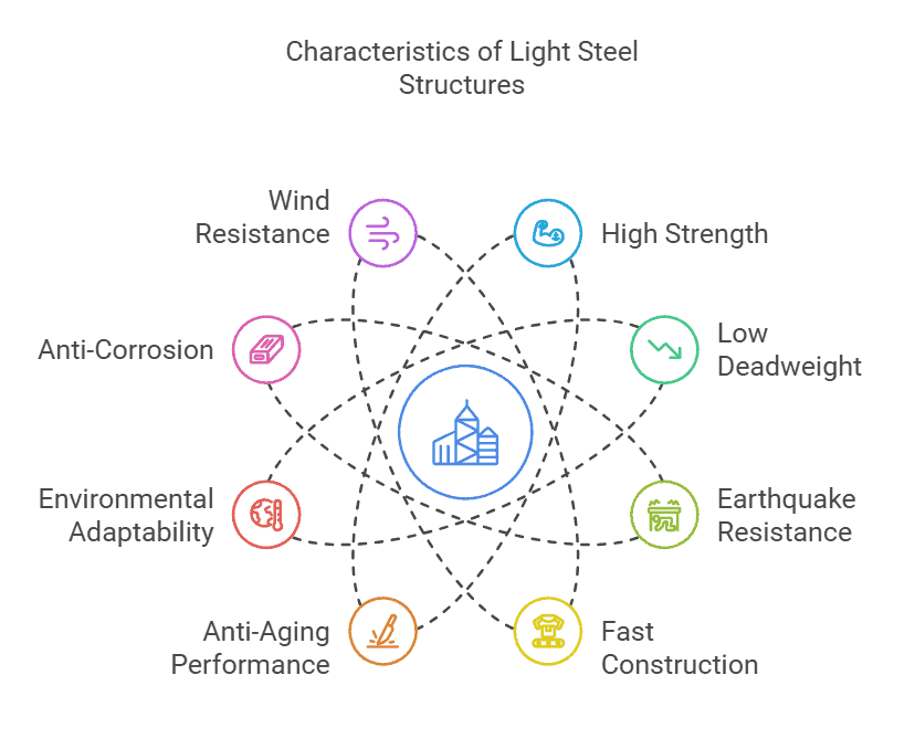 Diagram showcasing characteristics of light steel structures, including wind resistance, high strength, low deadweight, earthquake resistance, and more.