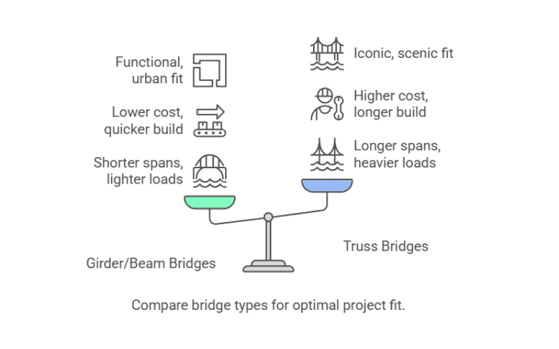 Infographic comparing girder/beam and truss steel bridges: cost, build - time, spans, and loads.