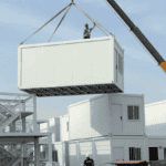 White prefabricated container unit being lifted by a crane during assembly, demonstrating modular construction's flexibility and efficiency.