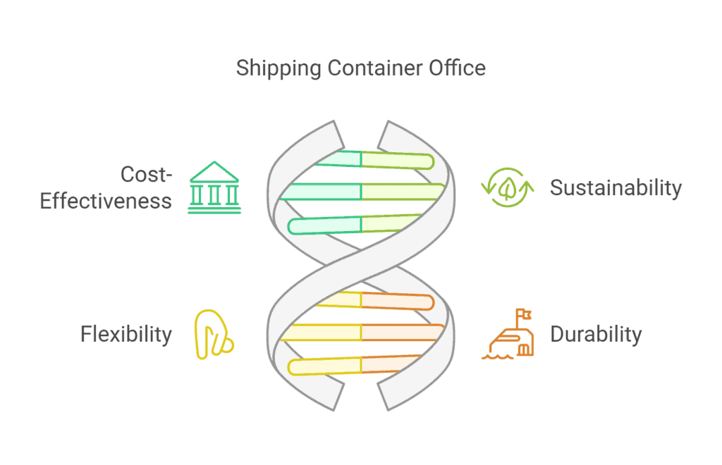 An infographic displaying the benefits of shipping container offices, including cost-effectiveness, flexibility, durability, and sustainability.