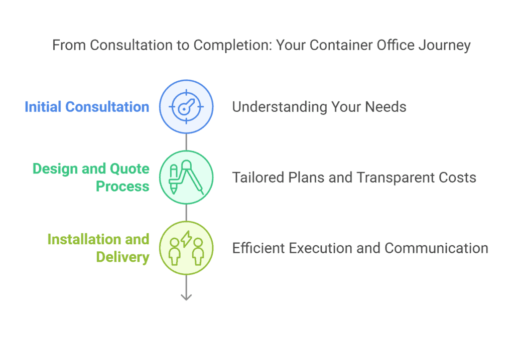 A flowchart explaining the journey of creating a container office, from consultation and design to installation and delivery.