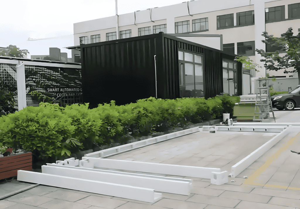 A sleek black modular container office surrounded by greenery, with white structural components laid out on the ground nearby.