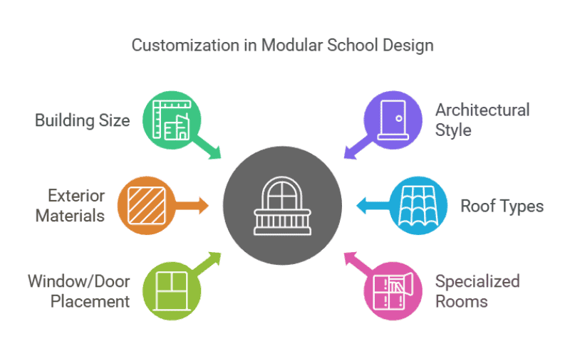 Illustration of customization aspects in modular school design: size, style, materials, and more.