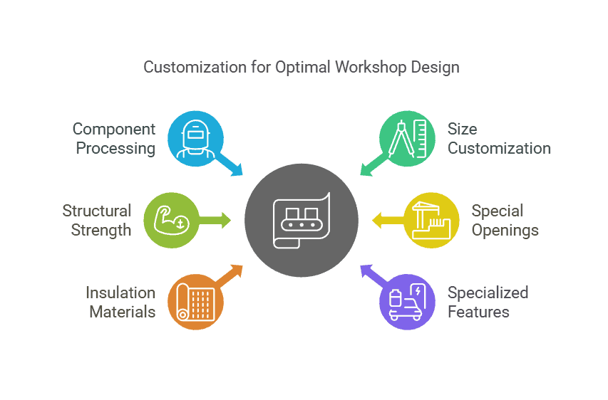 Ilustración de aspectos de personalización para el diseño óptimo de un taller de estructuras de acero de pórtico: procesamiento de componentes, tamaño, etc.