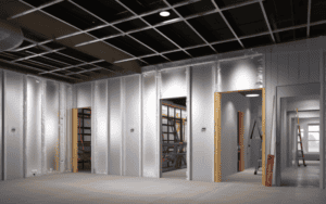 An interior view of a sound insulation steel building, showing framed walls, ceiling grid, and open doorways.