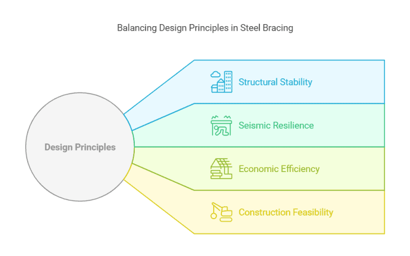 Design principles for steel structure bracing system: structural stability, seismic resilience, economic efficiency, and construction feasibility.