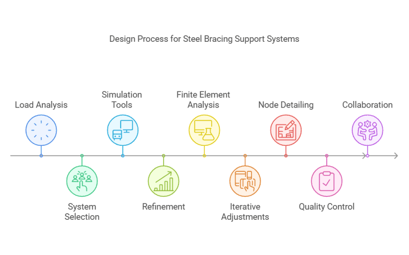 Design process of steel structure bracing system from load analysis to quality control.