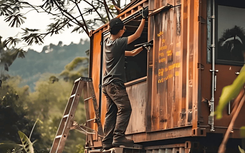 A person working on a rust - hued container home, surrounded by greenery.