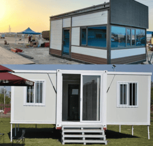 A side-by-side view of a modular office space being constructed and a small mobile container home, highlighting their contrasting sizes and structures.