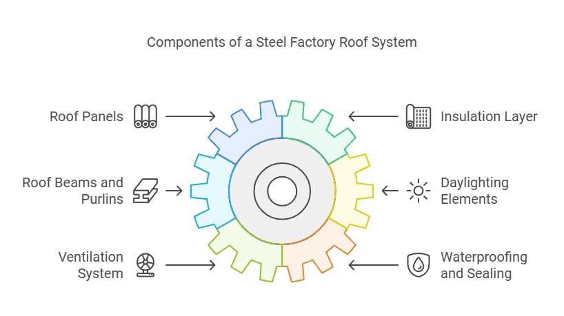 Diagram showing components of a steel factory roof system, including roof panels, beams, insulation, ventilation, and waterproofing for structural integrity.