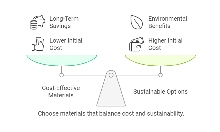 Illustration of a balance weighing cost-effective materials and sustainable options, highlighting the trade-off between initial cost and long-term benefits.