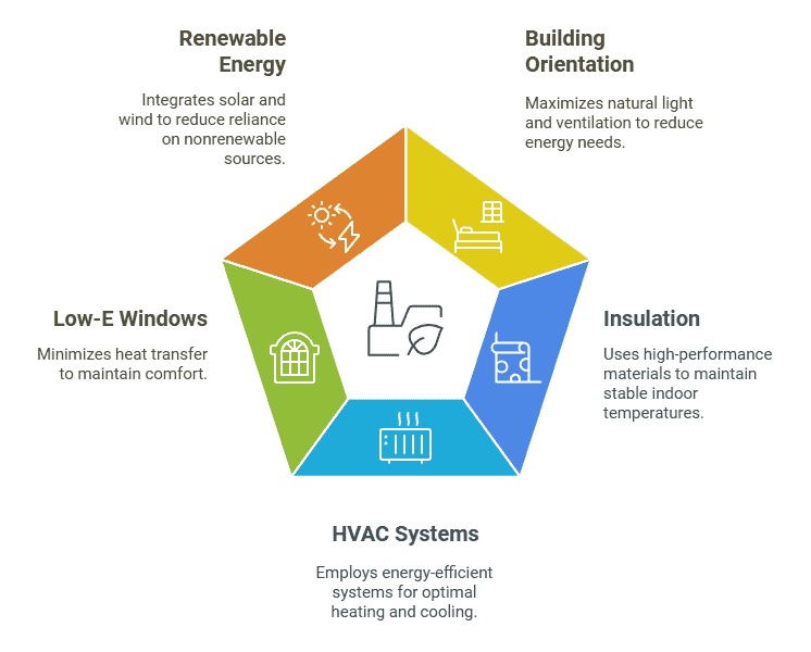 Para lograr una alta eficiencia energética, los edificios modulares integran diversas características de diseño sustentable y tecnologías de eficiencia energética: