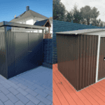 Two small farm equipment sheds in different colors, one on a tiled patio and the other on a wooden deck, showing their exterior designs.