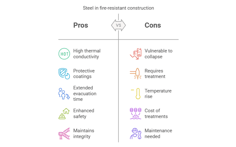 Diagram comparing pros and cons of steel in fire - resistant construction, like high thermal conductivity and need for treatment.