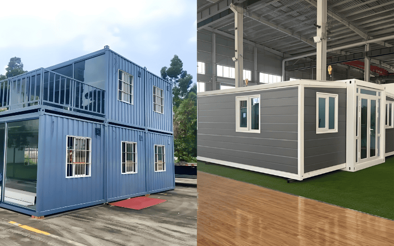 Side-by-side comparison of two container house designs, featuring a blue multi-story structure and a gray single-story model in a factory setting.