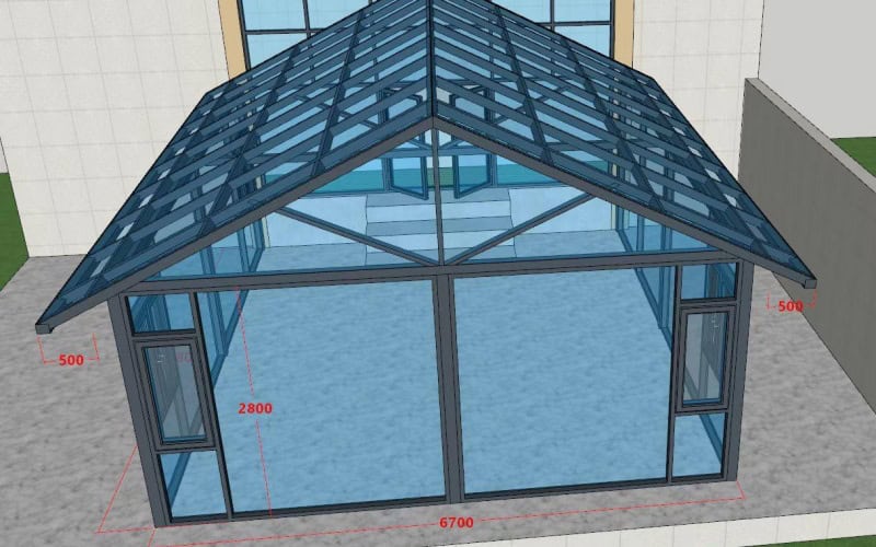 Estructura de techo a dos aguas en 3D con paneles de vidrio, dimensiones marcadas: 500, 2800, 6700.