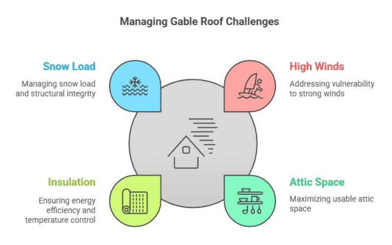 Diagrama que describe los desafíos de los techos a dos aguas: carga de nieve, vientos fuertes, aislamiento, gestión del espacio del ático.