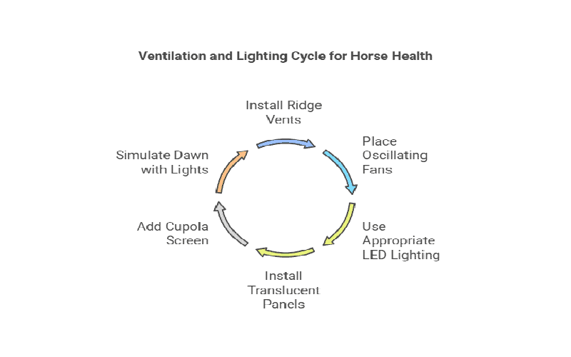 อินโฟกราฟิกวงกลมที่มีชื่อว่า "วงจรการระบายอากาศและแสงสว่างเพื่อสุขภาพม้า" แสดงขั้นตอนต่างๆ รวมถึงการติดตั้งช่องระบายอากาศบนสันหลังคาและการใช้ไฟ LED