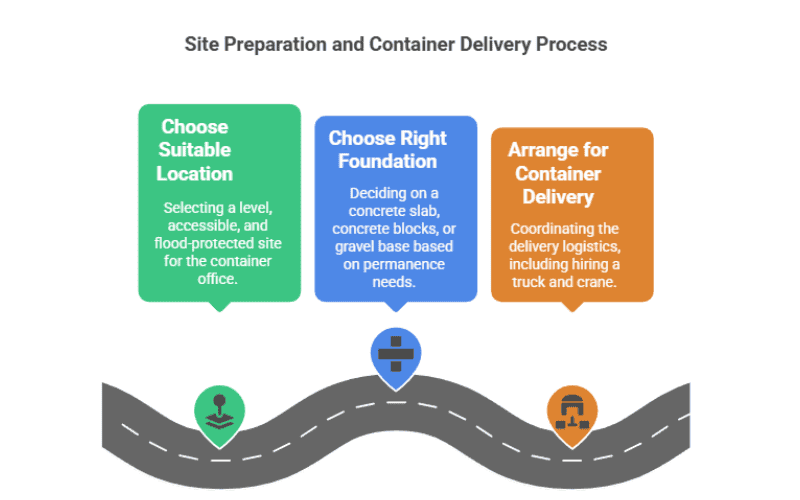 An infographic titled "Site Preparation and Container Delivery Process", detailing three steps: Choose Suitable Location, Choose Right Foundation, and Arrange for Container Delivery, each with a corresponding explanation.