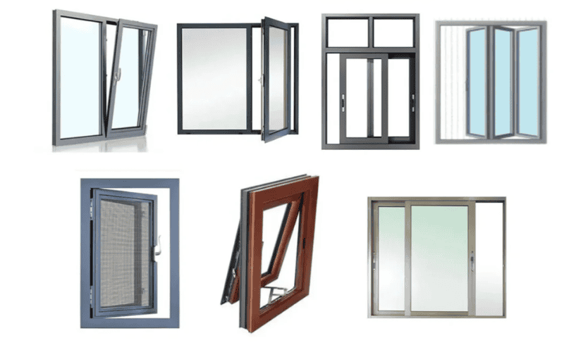 Assorted window and door frames in various styles and colors, including sliding and casement designs.