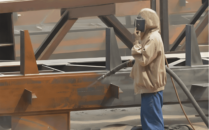 The worker is cleaning rust for the structure steel.