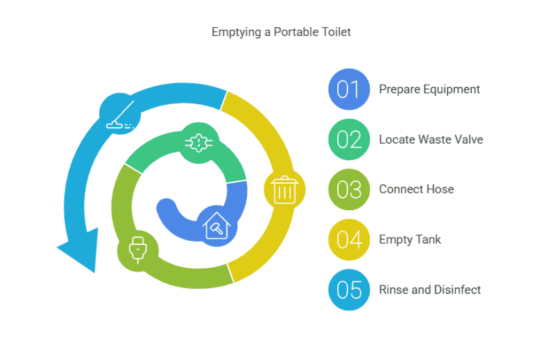 Circular diagram showing the steps to empty a portable toilet: prepare equipment, locate waste valve, connect hose, empty tank, and rinse and disinfect.