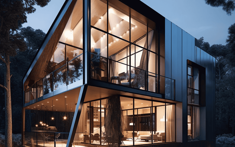 A modern steel - framed house with large glass windows, showcasing sleek design.