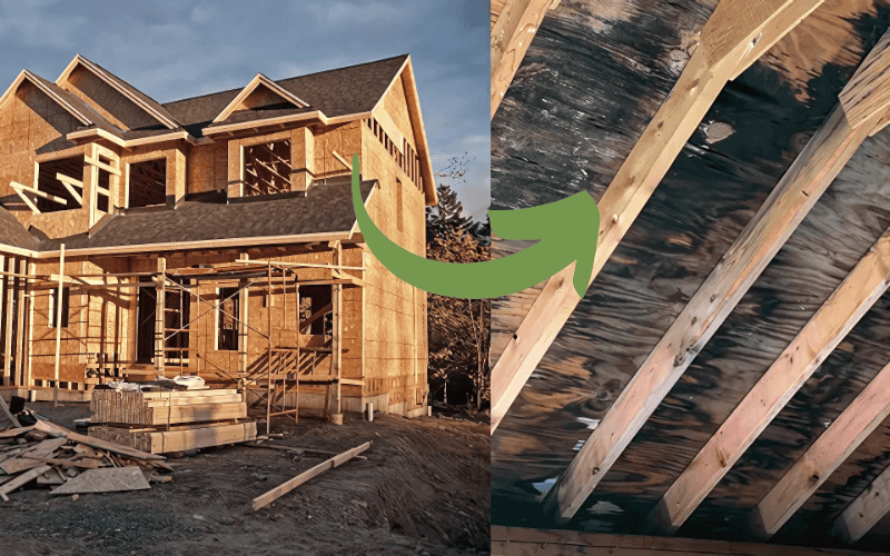 A wooden - framed house under construction with an arrow pointing to roofing steel structure details.