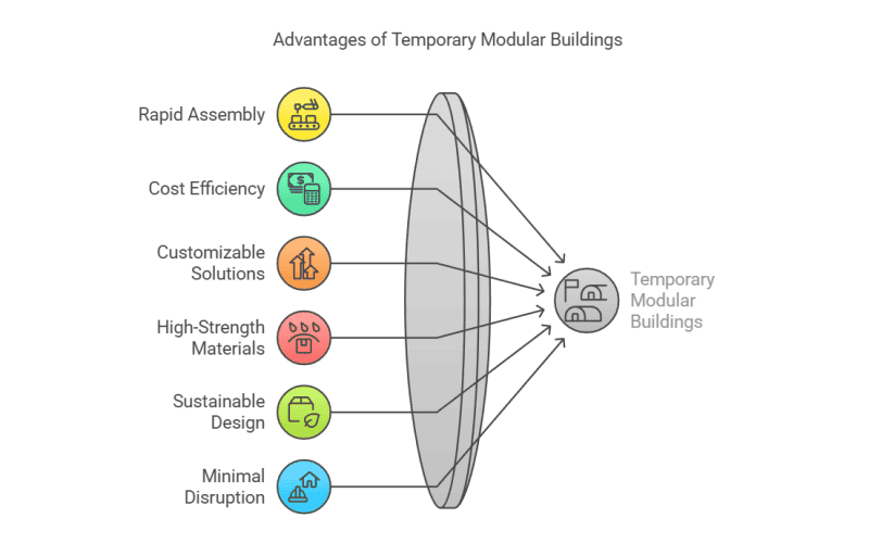 Grafik, die die Vorteile temporärer modularer Gebäude zeigt, darunter schnelle Montage, Kosteneffizienz, Anpassbarkeit, hochfeste Materialien, nachhaltiges Design und minimale Störungen. 