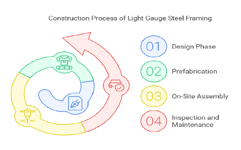 Diagram showing the construction process of light gauge steel framing: design, prefabrication, on - site assembly, and inspection.