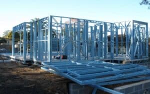 On - site view of a light gauge steel framing system under construction for a building.