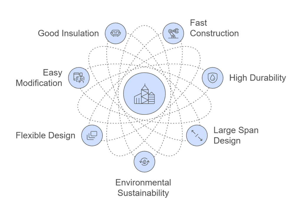 Diagram showing benefits of light gauge steel structures such as good insulation and fast construction.