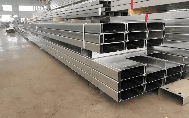 Stacked light gauge steel structural components in a factory setting.