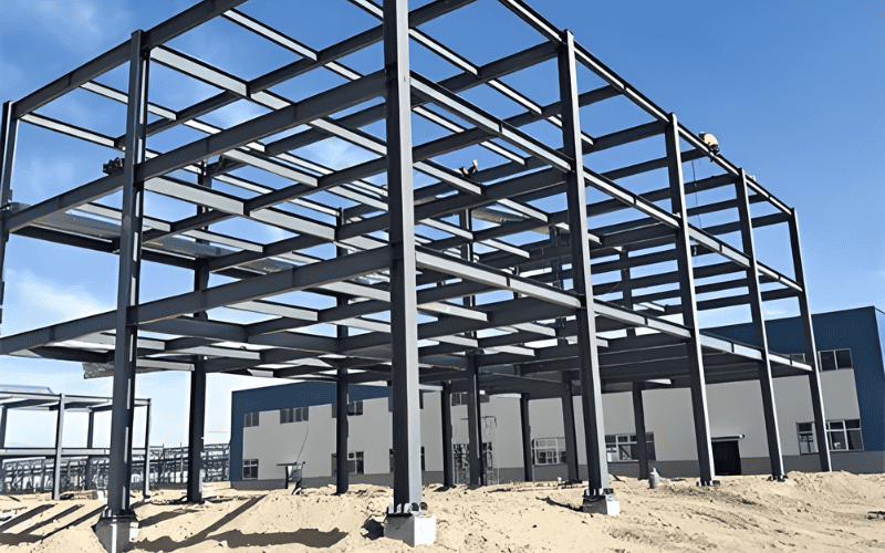 An under construction light gauge steel frame of a building.