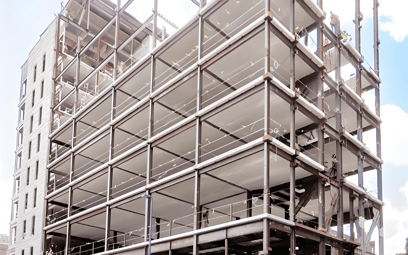 A multi story building's light gauge steel framework during construction.